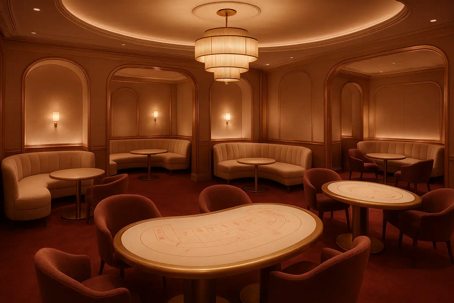 Élégant salon de casino or rose avec un éclairage ambiant doux