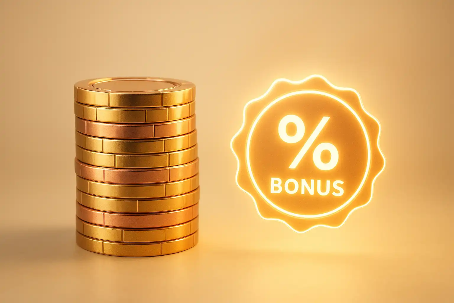 Pile de jetons de casino dorés à côté d'un badge de pourcentage bonus lumineux